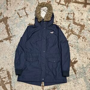 Hollister All Weather Jacket Womens Size Medium Navy Faux Fur Hood